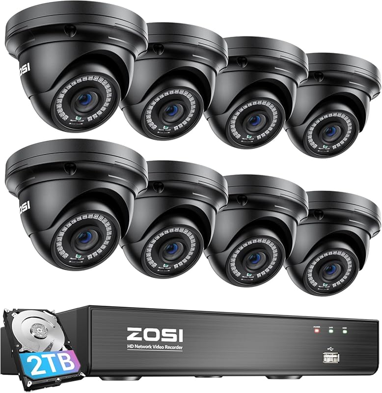 ZOSI 8CH 8MP 4K PoE Home Security Camera System with 2TB HDD, 8 Wired 