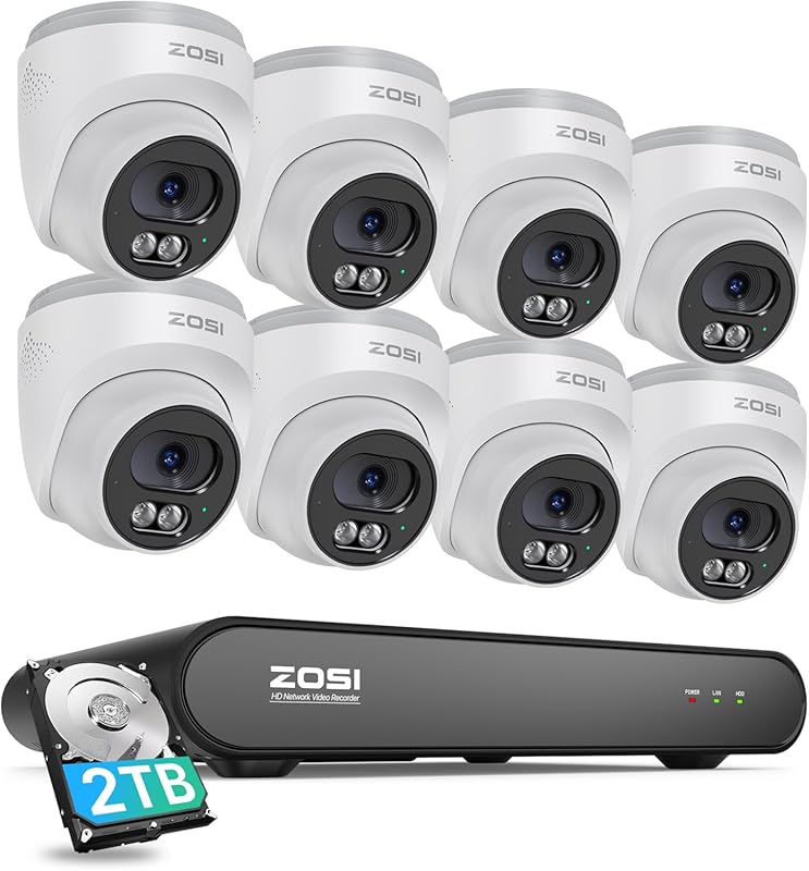 ZOSI C220 8CH 4MP QHD PoE Camera System with 8 Dome Cameras, AI Human Detection & 2TB HDD