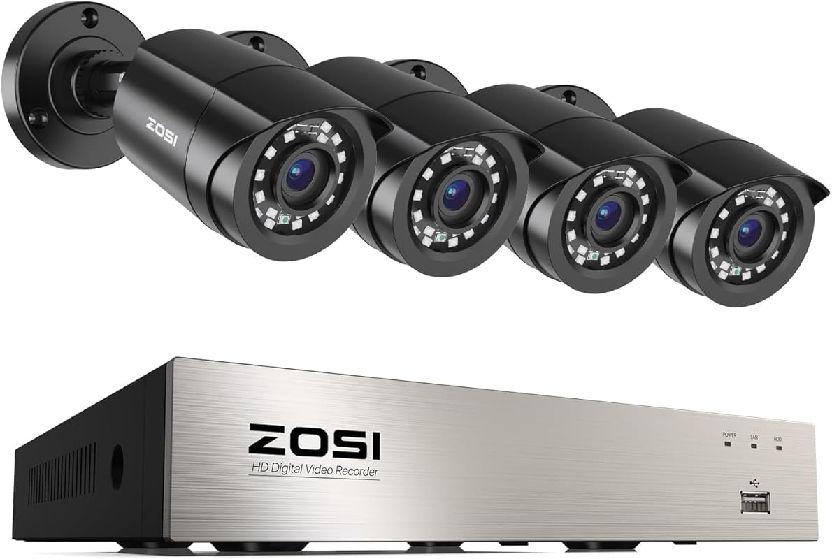 ZOSI 8CH 3K Lite AI DVR with 4x 1080P Cameras, Human/Vehicle Detection, 80ft Night Vision