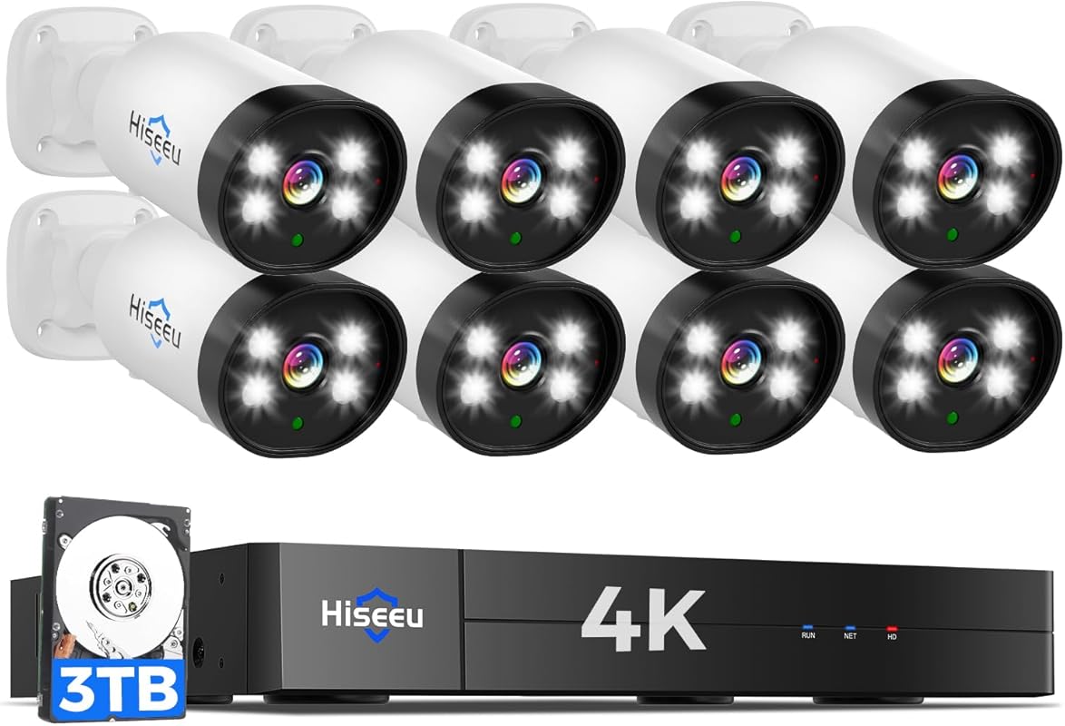 Hiseeu 4K Wired Security Camera System, 8PCS 8MP IP67 Weatherproof Cameras