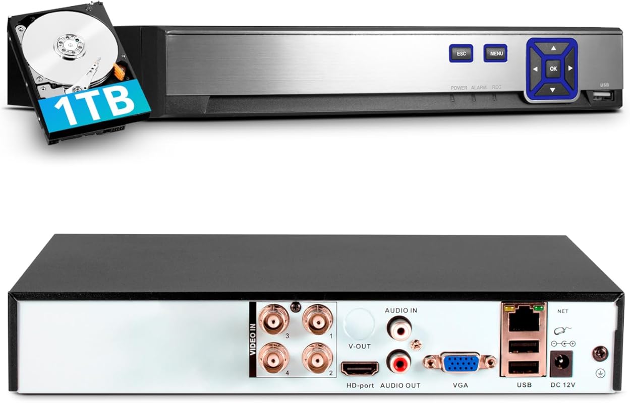 TOWODE 4CH 5MP Hybrid DVR System with 1TB HDD, Human Detection, 24/7 R