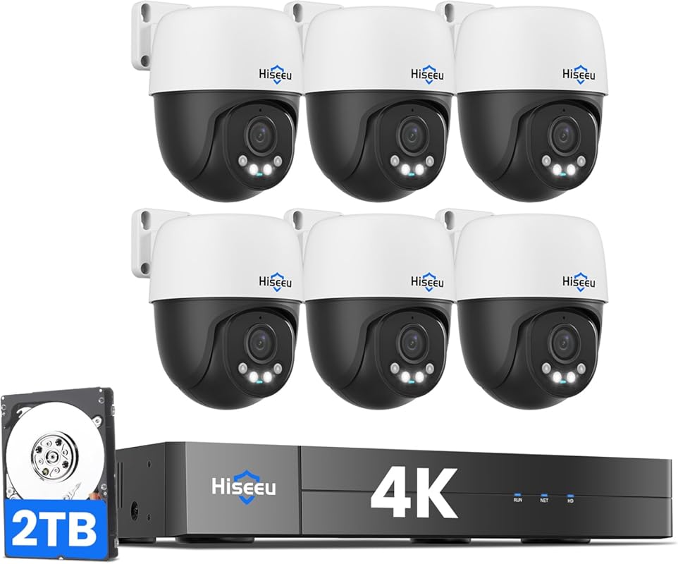 Hiseeu 4K 360° PTZ PoE Security System with 6x 8MP Cameras, Auto Human