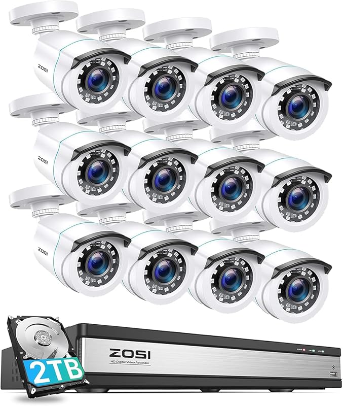 ZOSI 16CH 1080p Security System with AI Detection, 12 Outdoor Bullet C