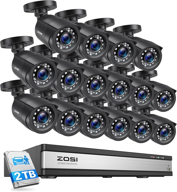 ZOSI 3K Lite 16CH Security System, 16 x 2MP Cameras, AI Detection, Nig