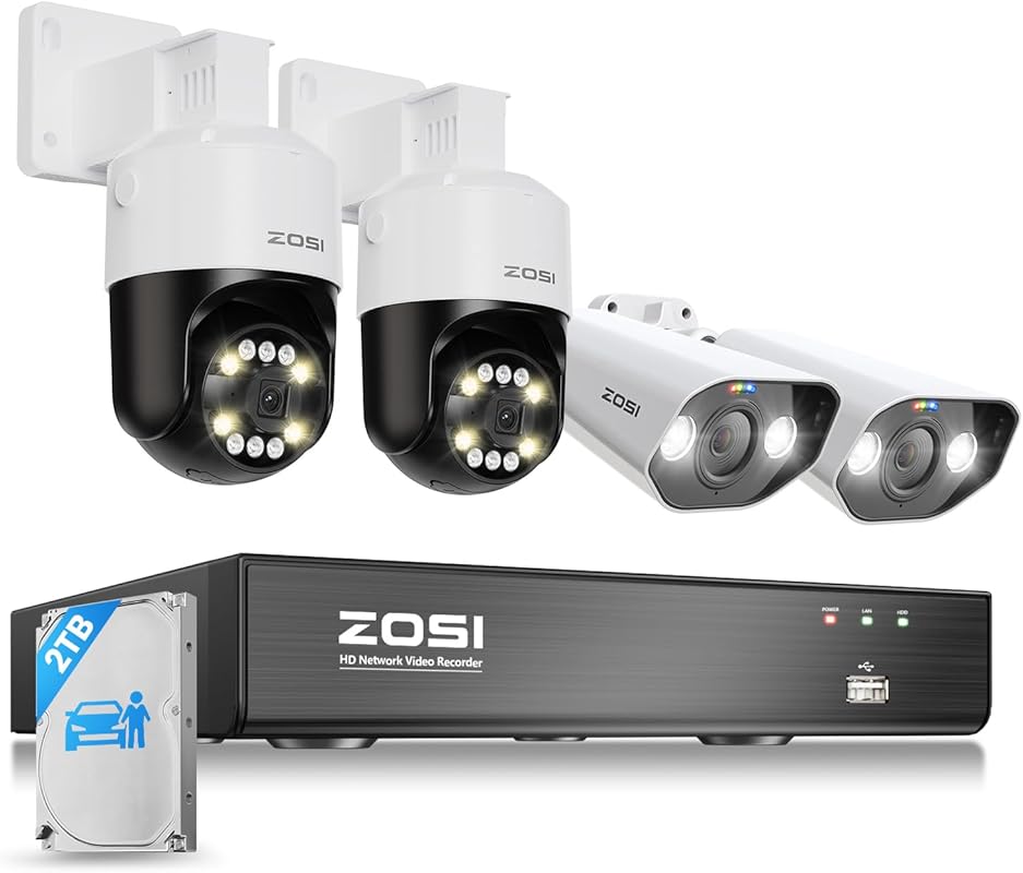 ZOSI 4K PoE Security System with 5MP Bullet + PT Cameras, Color Night 