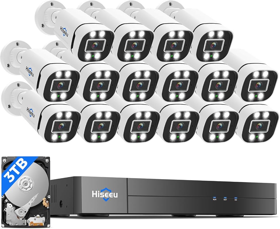 Hiseeu 16CH 3K Wired Security System, 3TB HDD, 16x 5MP Cameras, Smart 