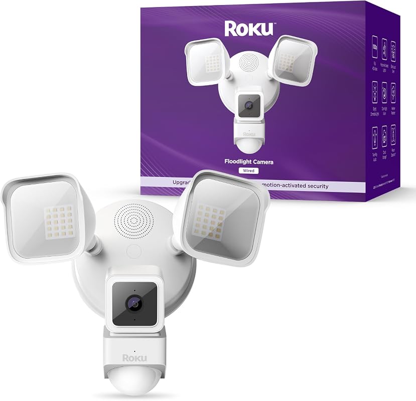 Roku Floodlight Camera Wired Outdoor 270° 1080p HD Night Vision Dimmab