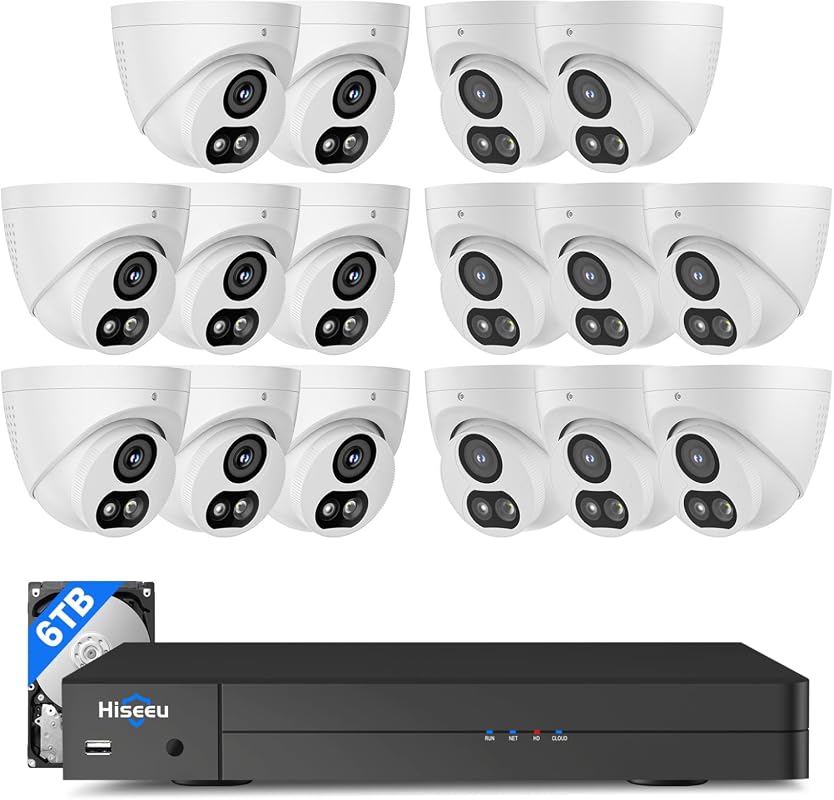 Hiseeu 12MP 4K PoE Security System, 6TB HDD, 16x 8MP Cameras, 2-Way Au