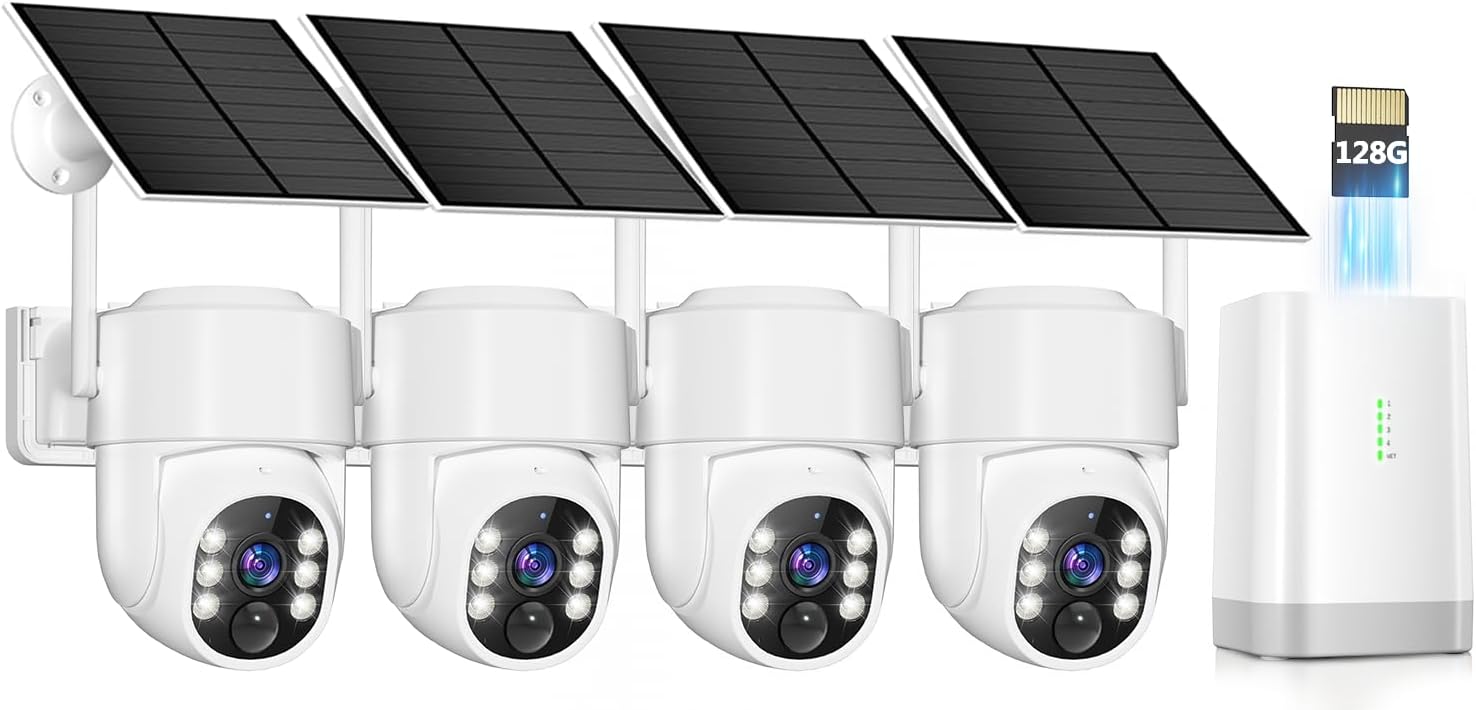 4MP 4-Cam Kit Solar Wireless Security Cameras 360° PTZ Color Night Vis